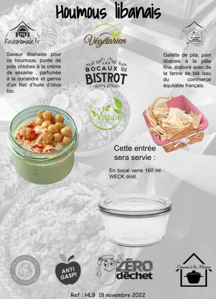 HLB Houmous libanais - Restonomade Houmous végétarien et vegan plateaux repas