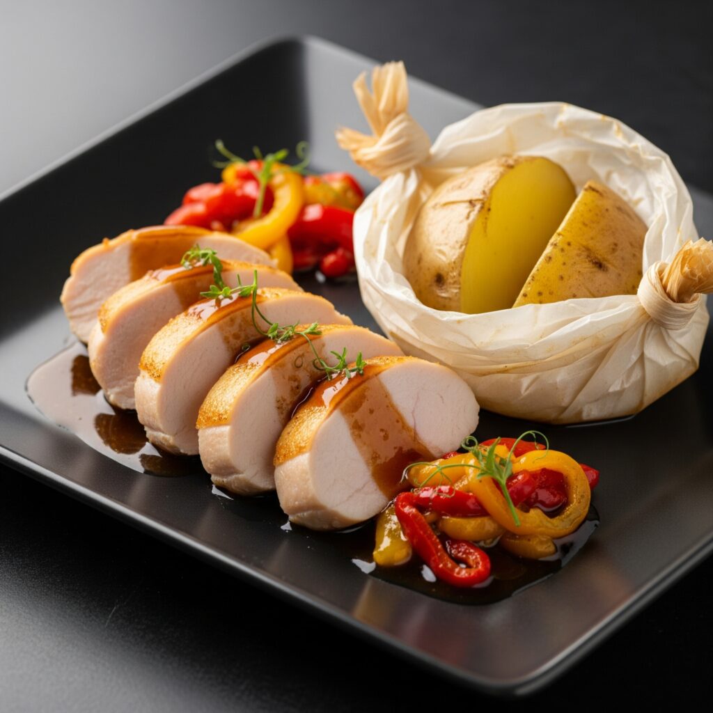 carte traiteur signature nomade, Les aiguillettes de poulet, la compotée de poivrons Palermo, la pomme de terre en papillote et la sauce sont toujours mis en valeur par un éclairage soigné pour un rendu élégant et appétissant servi sur une assiette rectangulaire noire, ce qui lui confère une touche de modernité supplémentaire.