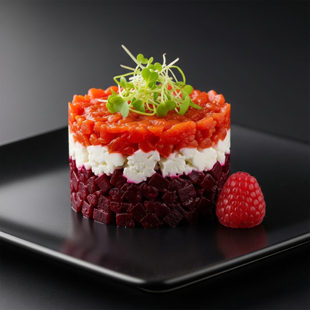 Pause gourmande et raffinée, Terre de Betterave, Caresse de Chèvre et Tomate Cœur.