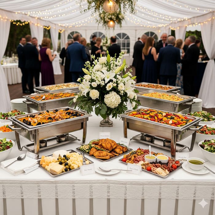 Somptueuse table de réception dressée par notre service traiteur mariage nantes, présentant un assortiment de plats chauds.