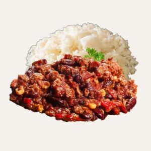 Chili carioca - Traiteur Événementiel Nantes & Vitré | Restonomade Plat de chili con carne maison servi avec son riz blanc.