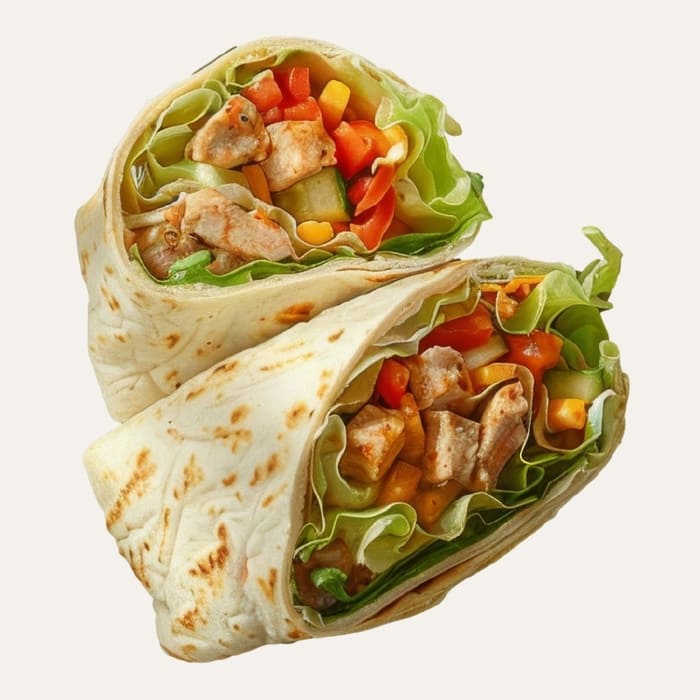 Le duo Terre et Mer - Traiteur Événementiel Nantes & Vitré | Restonomade Un wrap frais au poulet grillé et aux légumes (salade, poivrons), coupé en deux.