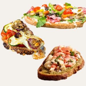 Assortiment de bruschetta pour traiteur à Nantes : la gamme "Les Escales Croustillantes" de Restonomade, idéale pour un cocktail dînatoire ou un buffet.