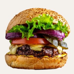 Burger artisanal de Restonomade à Nantes, avec steak de bœuf juteux, cheddar fondu et légumes frais.