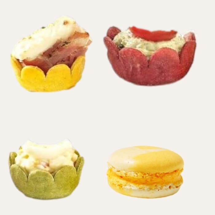 Plateau cocktail original Nantes _ Lassortiment signature - Traiteur Événementiel Nantes & Vitré | Restonomade Plateau cocktail original Nantes : L'assortiment signature avec macaron au curry, croquant terroir, betterave et épinard