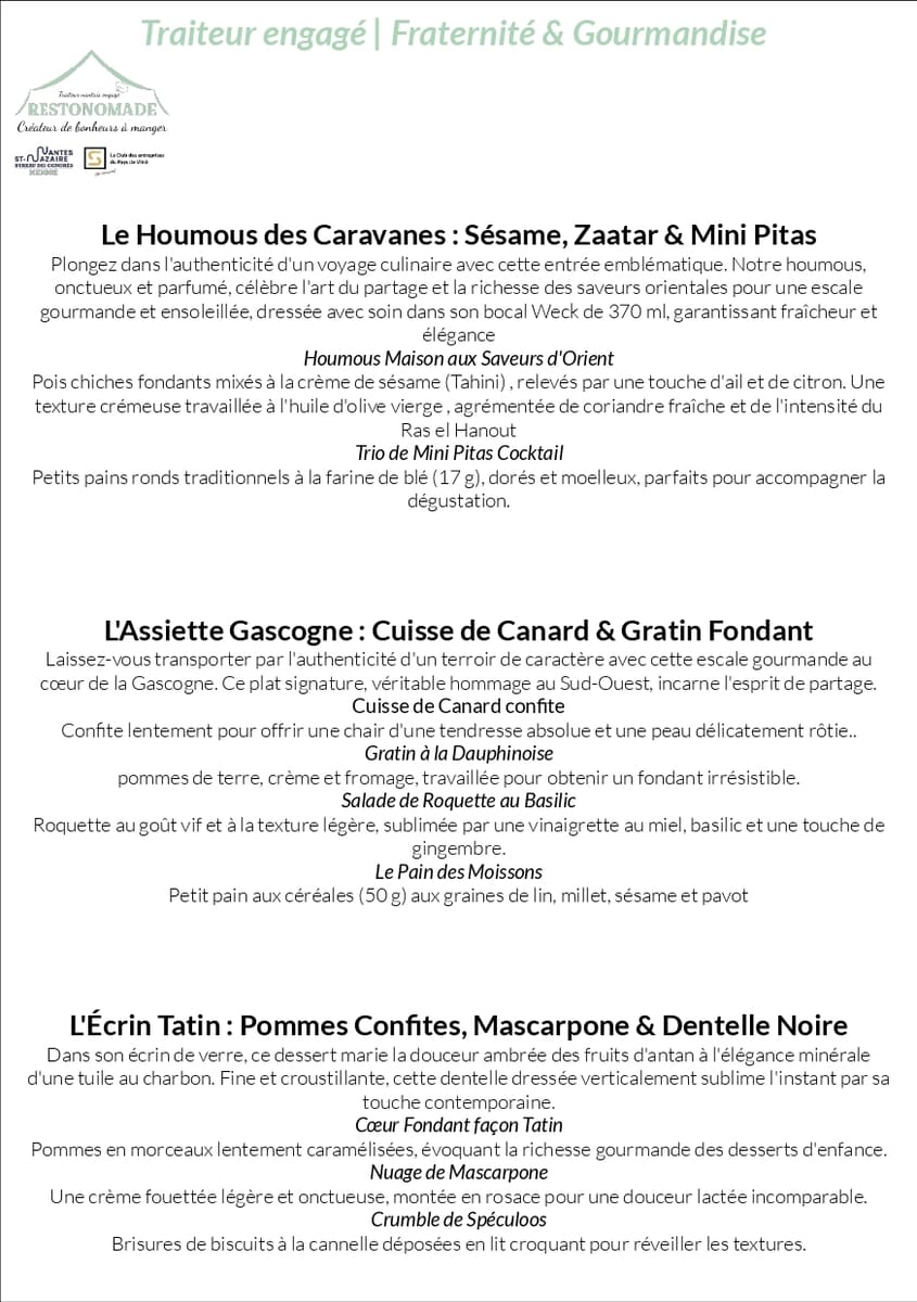 traiteur-rennes-repas-entreprise-menu-complet-gascogne-restonomade - Traiteur Événementiel Nantes & Vitré | Restonomade Menu Gascogne avec canard confit et houmous, élaboré à Sainte-Luce-sur-Loire pour vos réceptions professionnelles