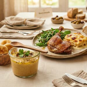 traiteur-saint-herblain-repas-convivial-cuisse-canard-zero-dechet-restonomade - Traiteur Événementiel Nantes & Vitré | Restonomade Menu Gascogne zéro déchet avec bocal Weck et canard confit présenté lors d’un événement d’entreprise organisé par Restonomade à Noyal-sur-Vilaine.